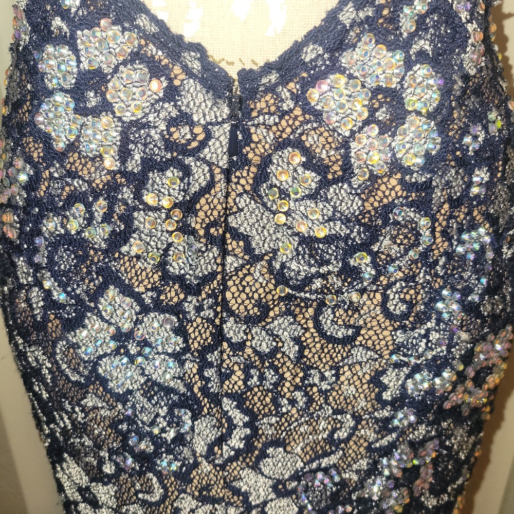 Jovani Navy Blue Lace Open Back Mermaid Prom Gown Silver Rhinestones Fitted sz 4 - Picture 8 of 16